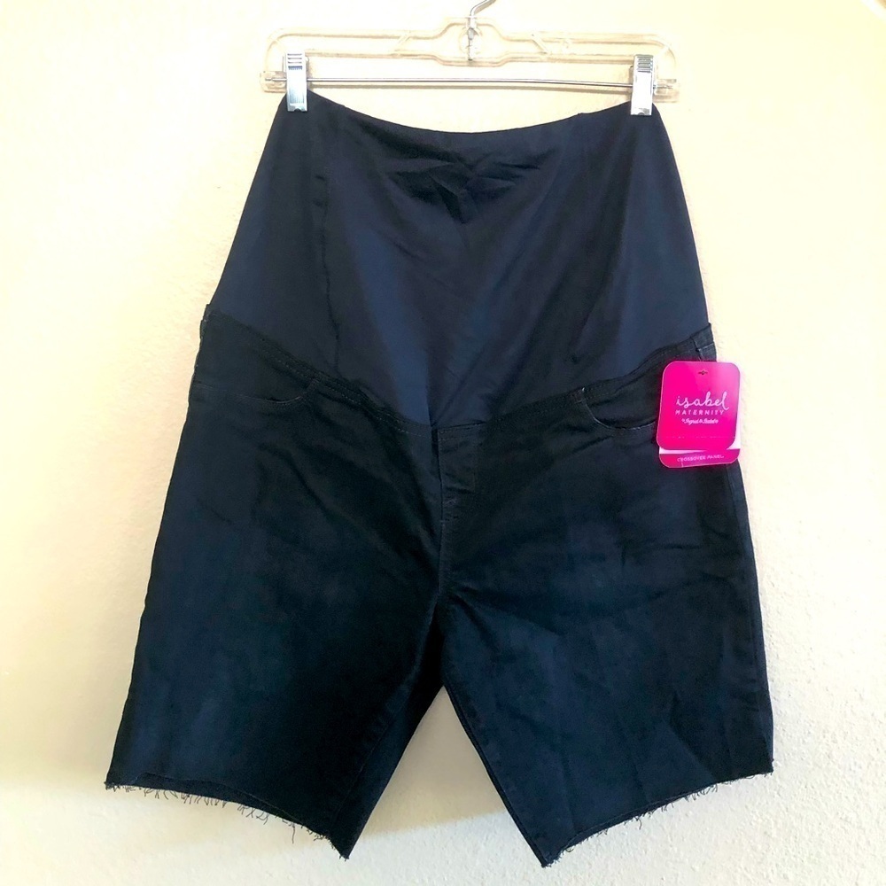 Ingrid & Isabel Maternity Black Crossover Panel Raw Hem Bermuda Jean Shorts 14